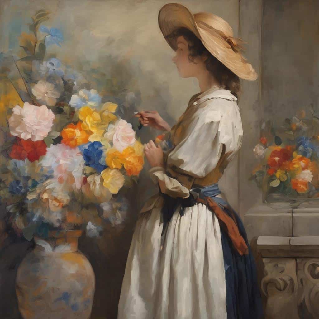 Λαική γυναίκα με καπέλο και μπουφάν κοντά σε ανθοστήλη, νεοκλασική διακόσμηση, ελαιόνας, σύγχρονη ψυχολογία, σουρεαλισμός, τέχνη και έμπνευση.