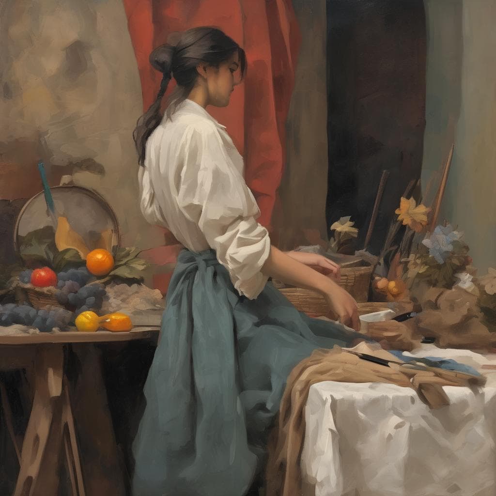 Ανθρώπινη γυναίκα ζωγραφισμένη με σουρεαλιστική τέχνη και σύγχρονη ψυχολογία, σε καμβά με φρούτα και δημιουργικά εργαλεία.