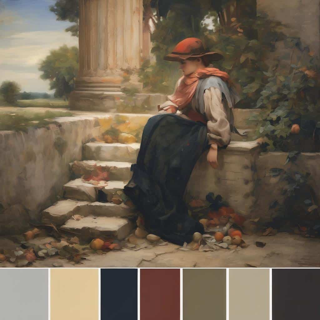 Νεαρή γυναίκα σε ρετρό τοπίο με αρχαία στήλη, ελκυστικό έργο τέχνης συνδυάζοντας σουρεαλισμό και σύγχρονη ψυχολογία.